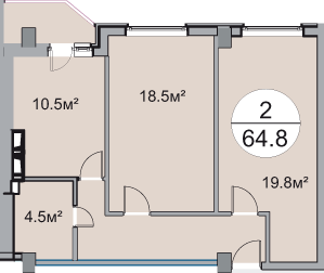 Двухкомнатная квартира 64.8 м²