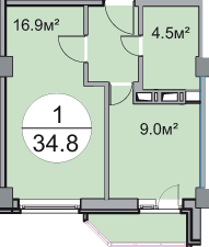 Однокомнатная квартира 34.8 м²