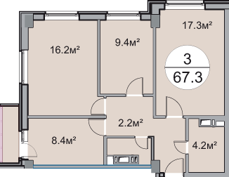 Двухкомнатная квартира 67.3 м²