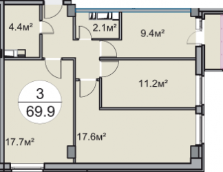 Трёхкомнатная квартира 69.9 м²