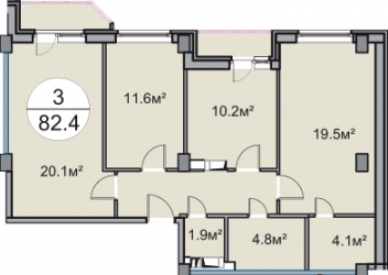 Трёхкомнатная квартира 82.4 м²