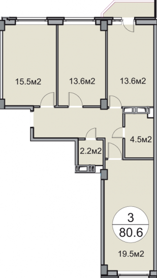 Трёхкомнатная квартира 80.6 м²